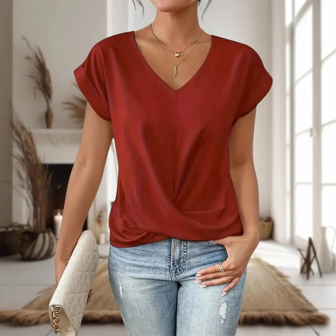 Front view of a white sweetheart neck t-shirt showing the light stretch and tailored silhouette