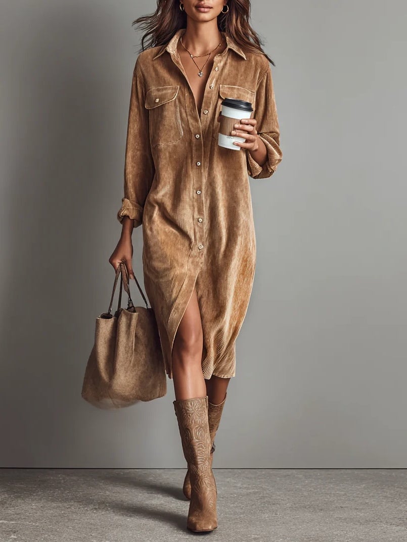 Woman wearing a khaki flared hem dress with a graceful silhouette and lightweight fabric