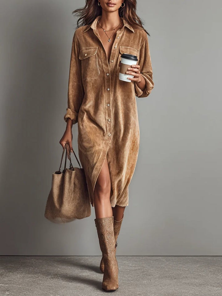 Woman wearing a khaki flared hem dress with a graceful silhouette and lightweight fabric
