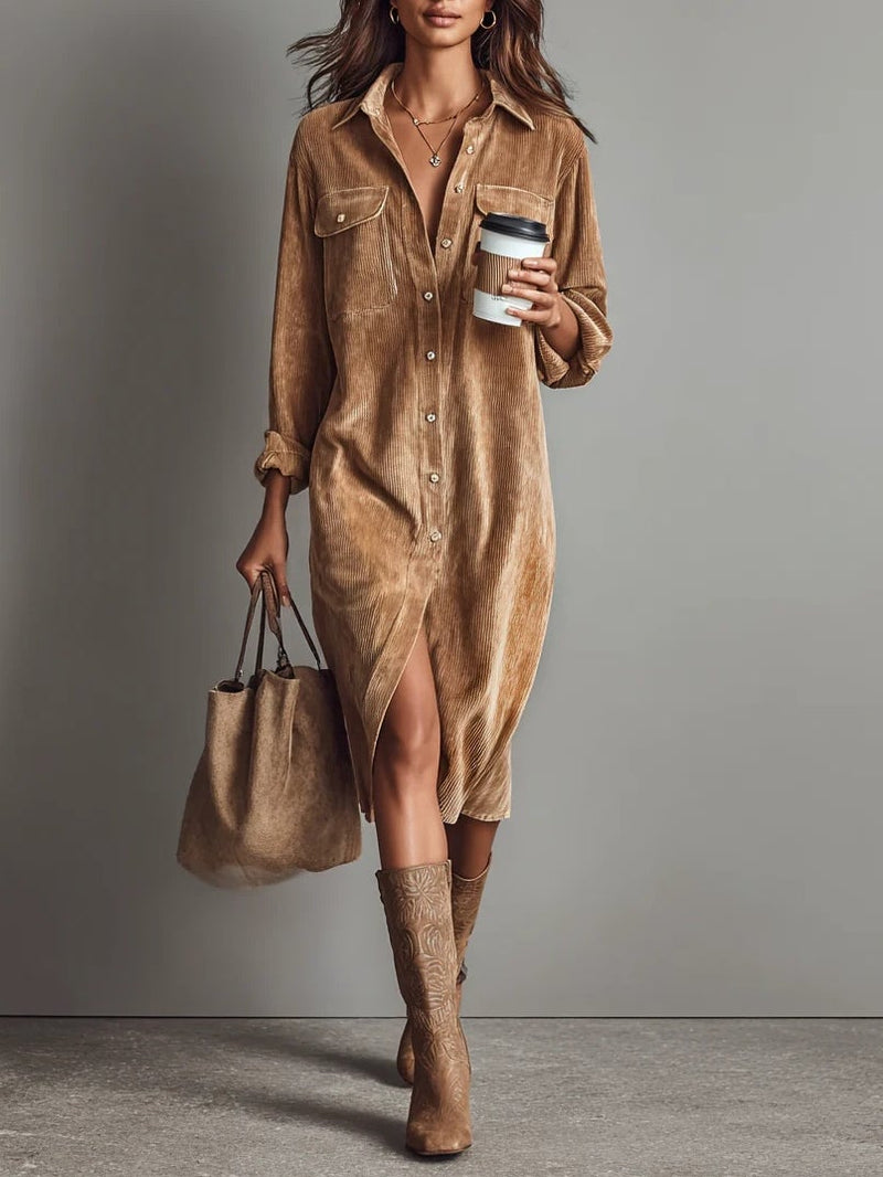 Woman wearing a khaki flared hem dress with a graceful silhouette and lightweight fabric