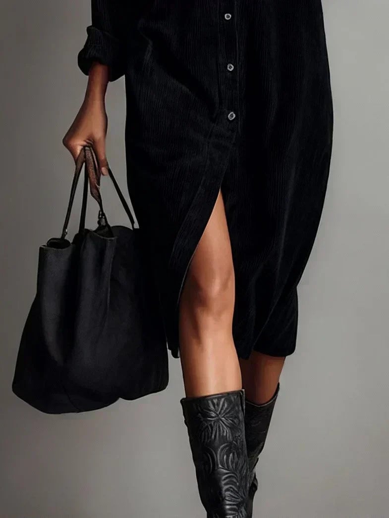 Flat lay of the Elle chic flared hem dress in all three colors: khaki, brown, and black