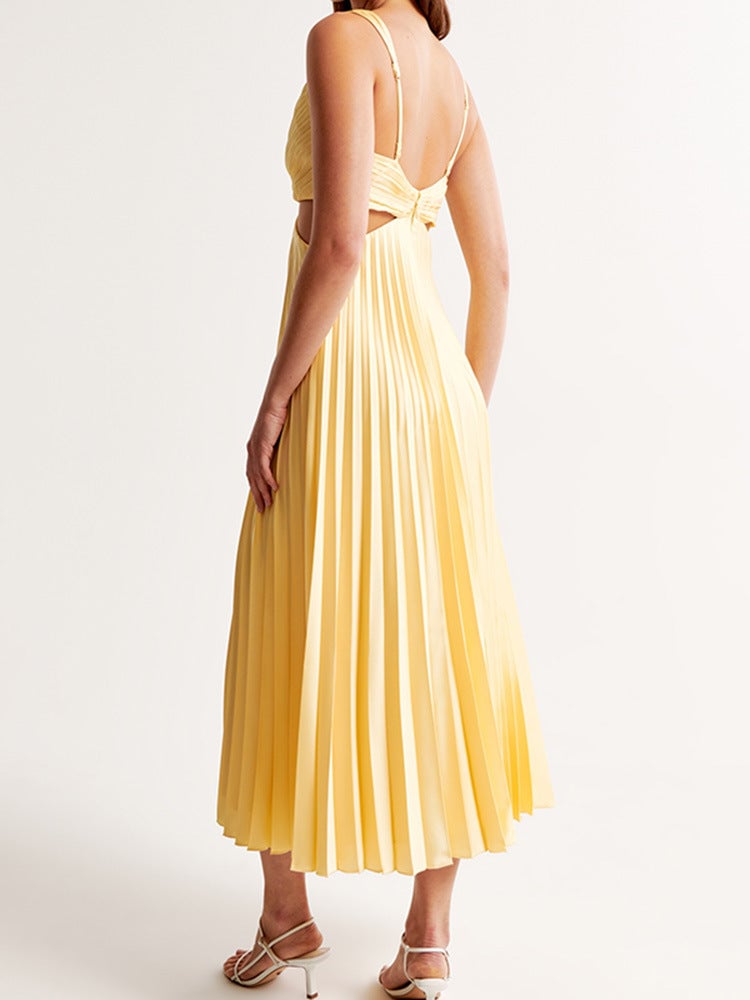 Close-up of the V-neckline and bodice detail on the Elle yellow maxi dress