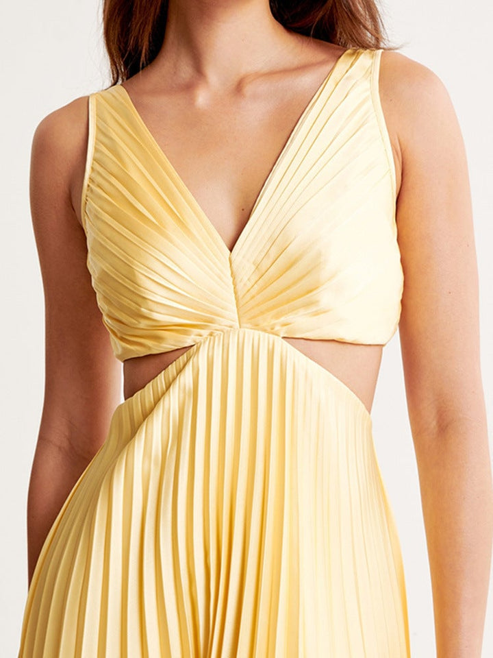 Full-length back view of the yellow maxi dress showing the elegant flowing silhouette