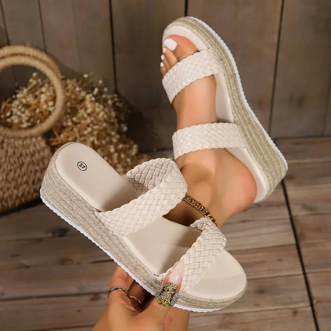 Elle woven platform flat sandals in brown, close-up of braided woven detailing