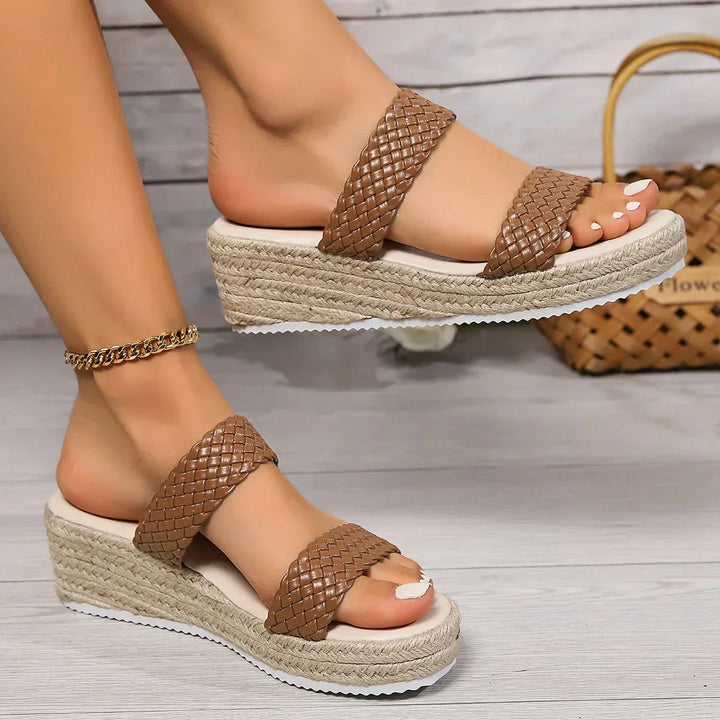 Elle woven platform flat sandals in white, top-down view showing full strap design