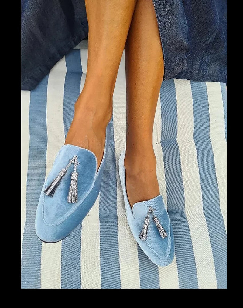 Blue Ellery classic elegant sandal with minimalist straps and a sleek, flattering silhouette on a clean background