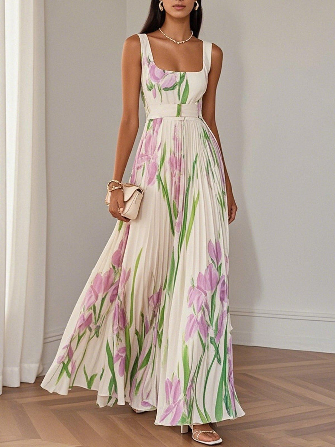 White pleated chiffon maxi dress with square neckline and A-line silhouette, front view