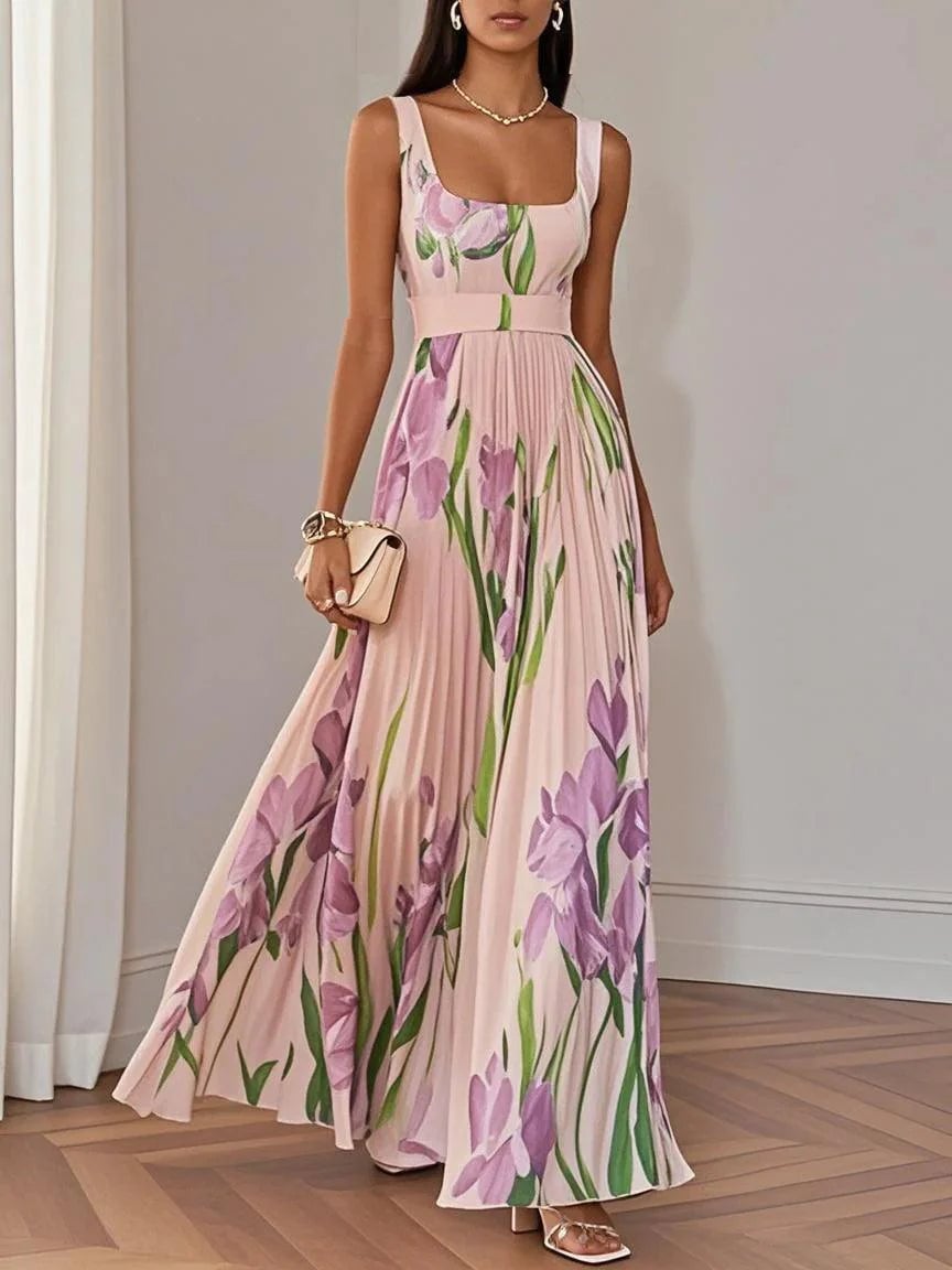 Light blue version of the Ellie pleated chiffon maxi dress, front view