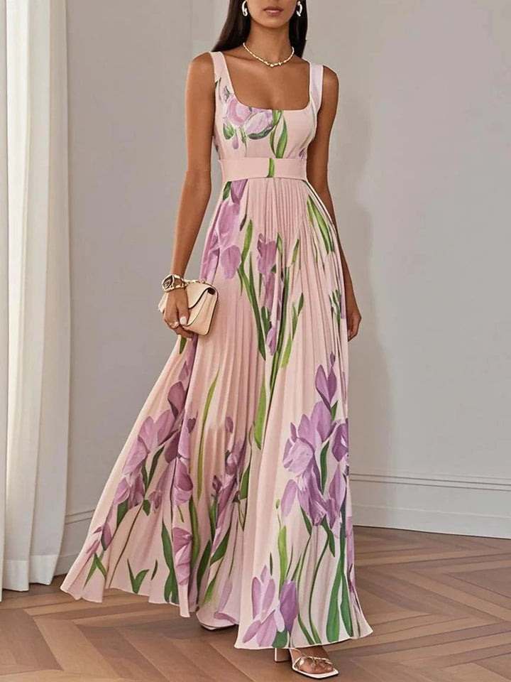 Light blue version of the Ellie pleated chiffon maxi dress, front view