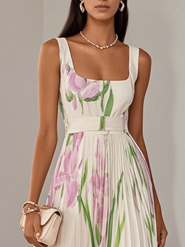 Pink pleated chiffon maxi dress with square neckline, styled with sandals