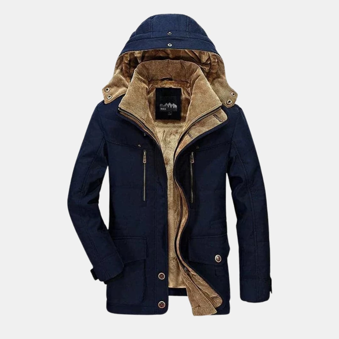 Front view of the Ellis lined winter jacket in navy blue on a model, showing clean silhouette and plush lining detail