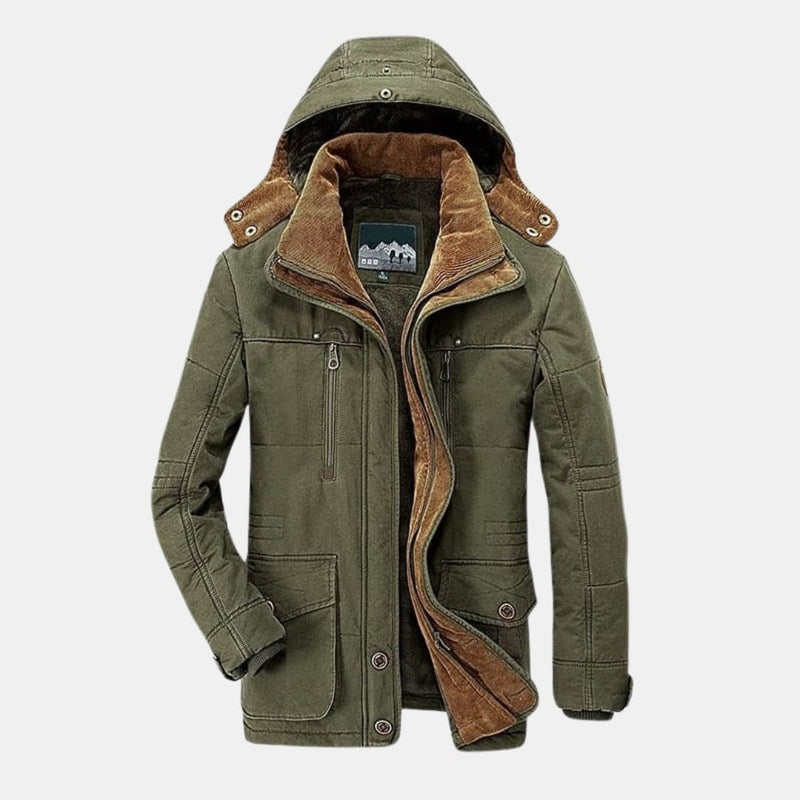 Close-up detail shot of the Ellis lined winter jacket showing weather-resistant fabric texture and stitching quality