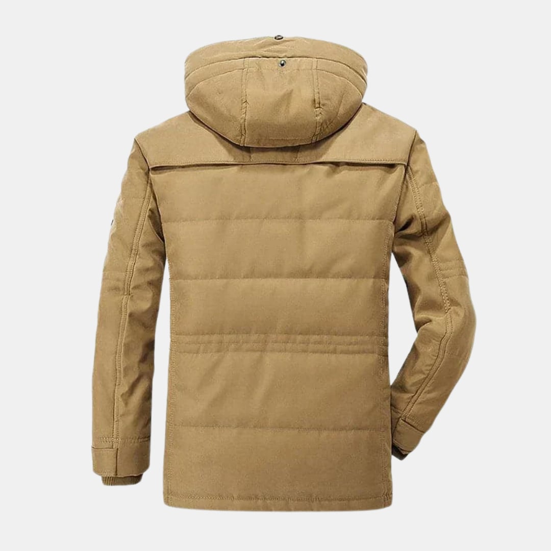 Ellis lined winter jacket in brown worn outdoors highlighting wind and water resistant exterior