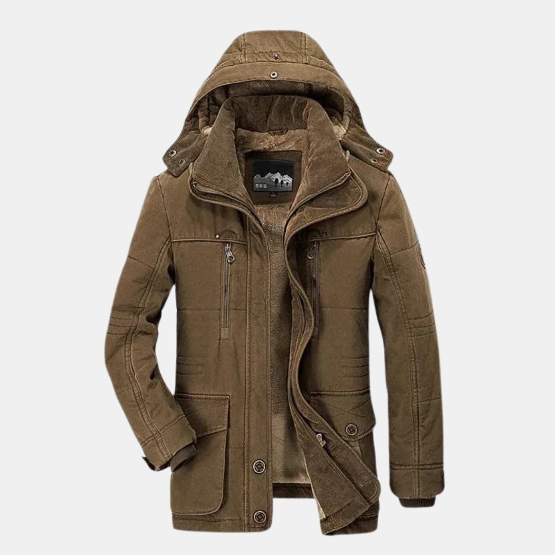 Side profile of the Ellis lined winter jacket showing fit and length on a model