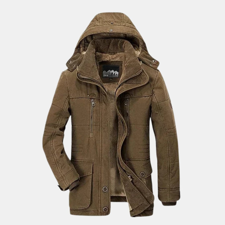 Side profile of the Ellis lined winter jacket showing fit and length on a model