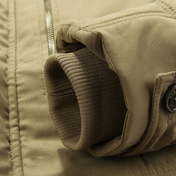 Close-up of the Ellis lined winter jacket collar and zipper hardware detail