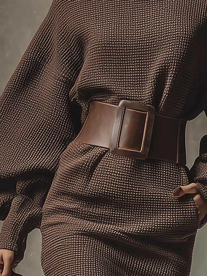 Woman wearing the dark brown structured belted knit mini dress, alternate angle showcasing fit and length