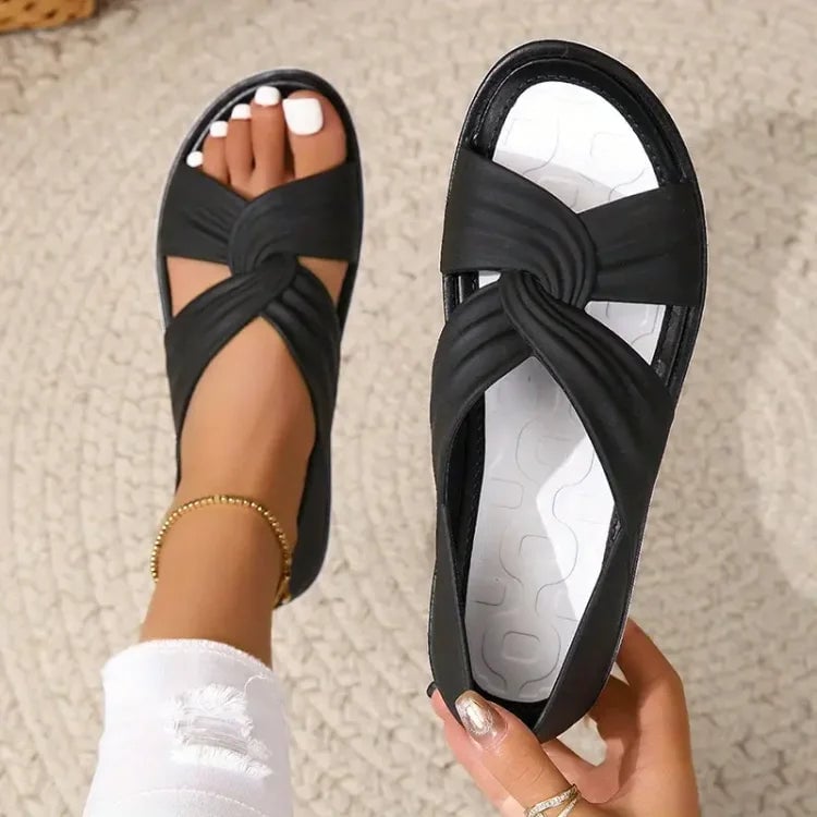 Eloise women's knot sandals in black with cushioned footbed and chic strap detailing