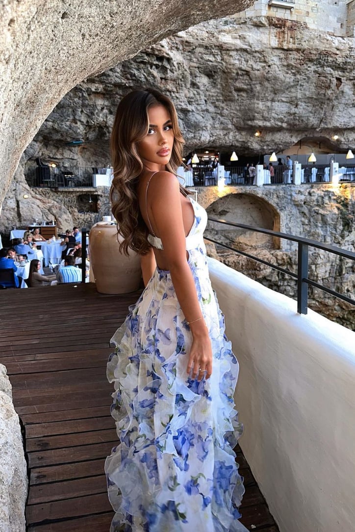 Close-up of delicate lace floral pattern on the Eloise blue maxi dress