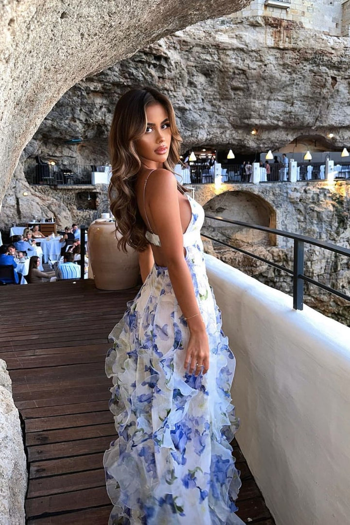 Close-up of delicate lace floral pattern on the Eloise blue maxi dress