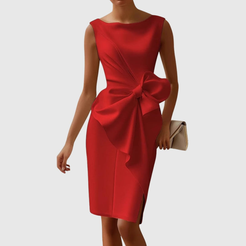 Front view of the Eloise bow midi dress showing the wide boat neckline and sleek pencil silhouette