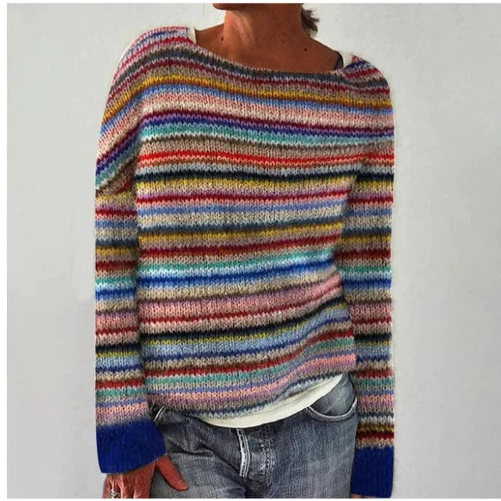 Close-up of the intricate multicolor Nordic-inspired knit pattern on the Elora sweater