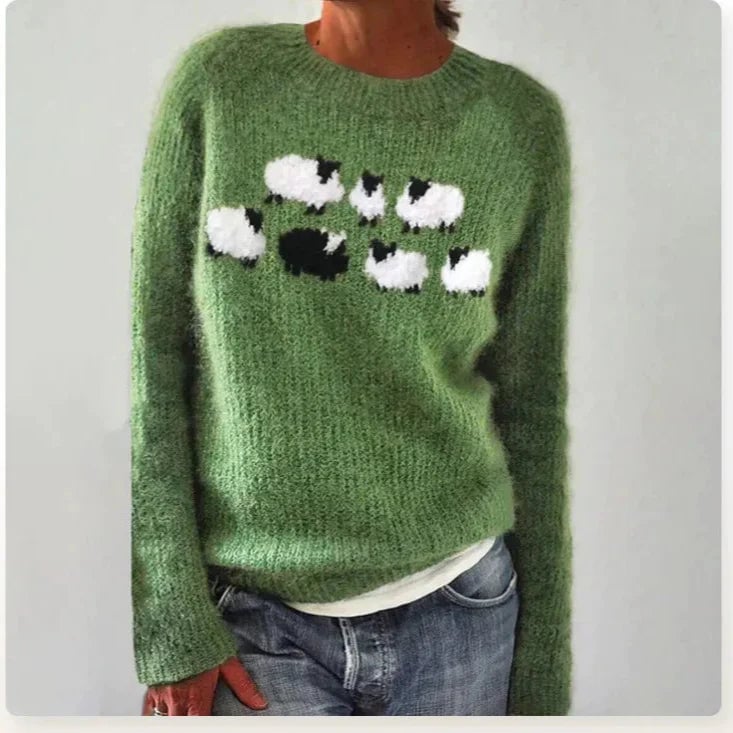 Front view of the Elora sweater in green with a cozy relaxed silhouette