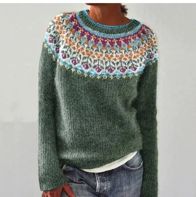 Side view of the Elora Nordic sweater showing sleeve length and shoulder fit