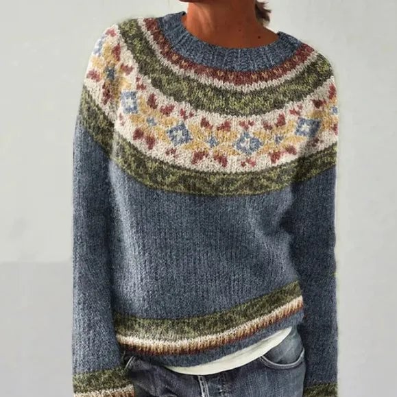 Elora sweater styled with jeans and ankle boots for a casual winter look