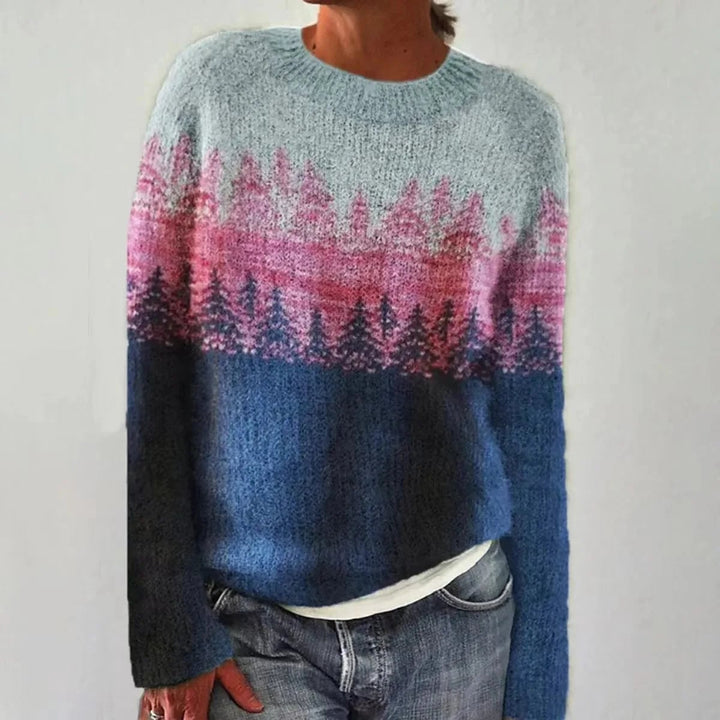 Detail shot of the boat neckline on the Elora elegant Nordic sweater