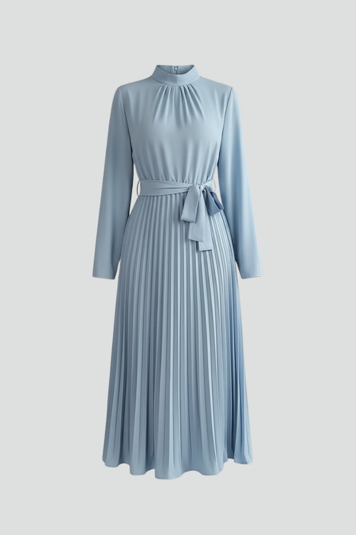 Front view of Elowen mock neck long sleeve pleated midi dress in Light Blue