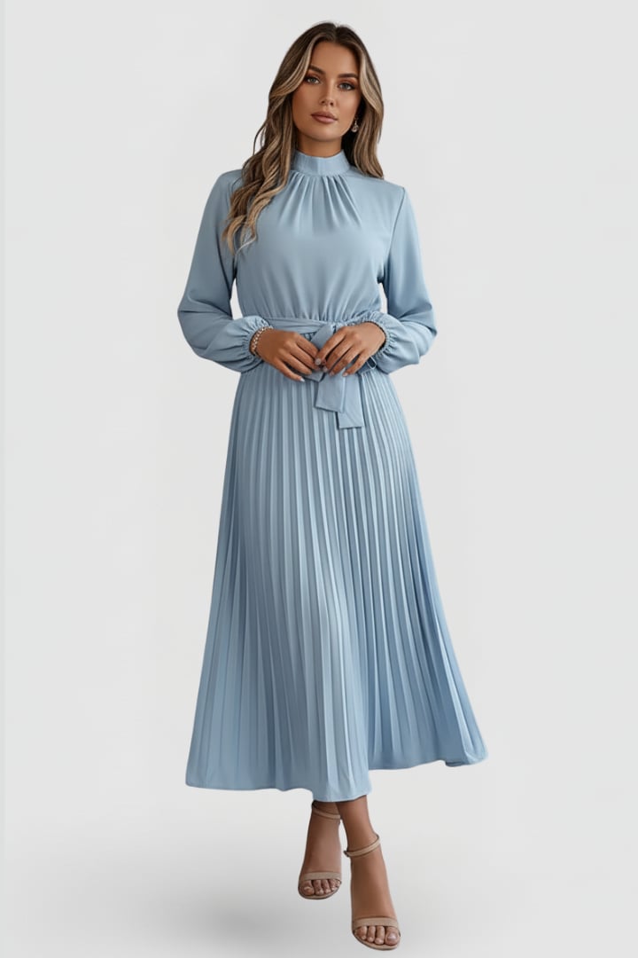 Side view of Elowen pleated midi dress showing graceful skirt movement in Light Blue