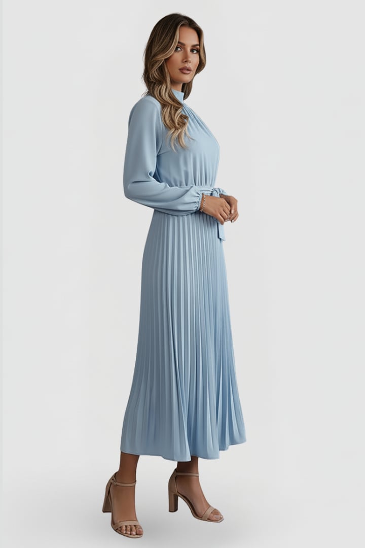 Close-up of mock neckline and long sleeve detail on Elowen midi dress