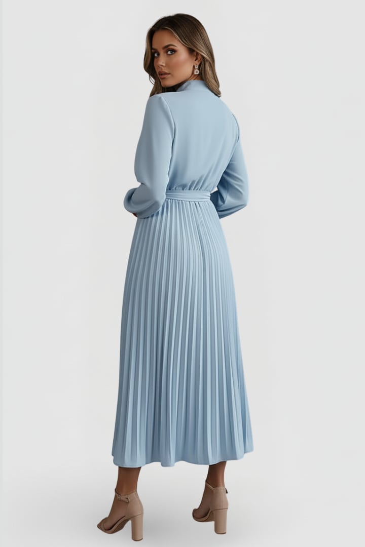 Full-length front view of Elowen pleated midi dress in Green