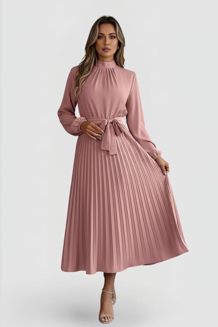 Full-length view of Elowen mock neck midi dress in Black