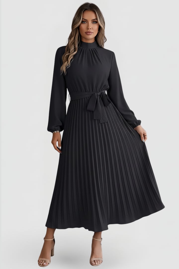 Flat lay of Elowen long sleeve pleated midi dress showing color and pleat detail