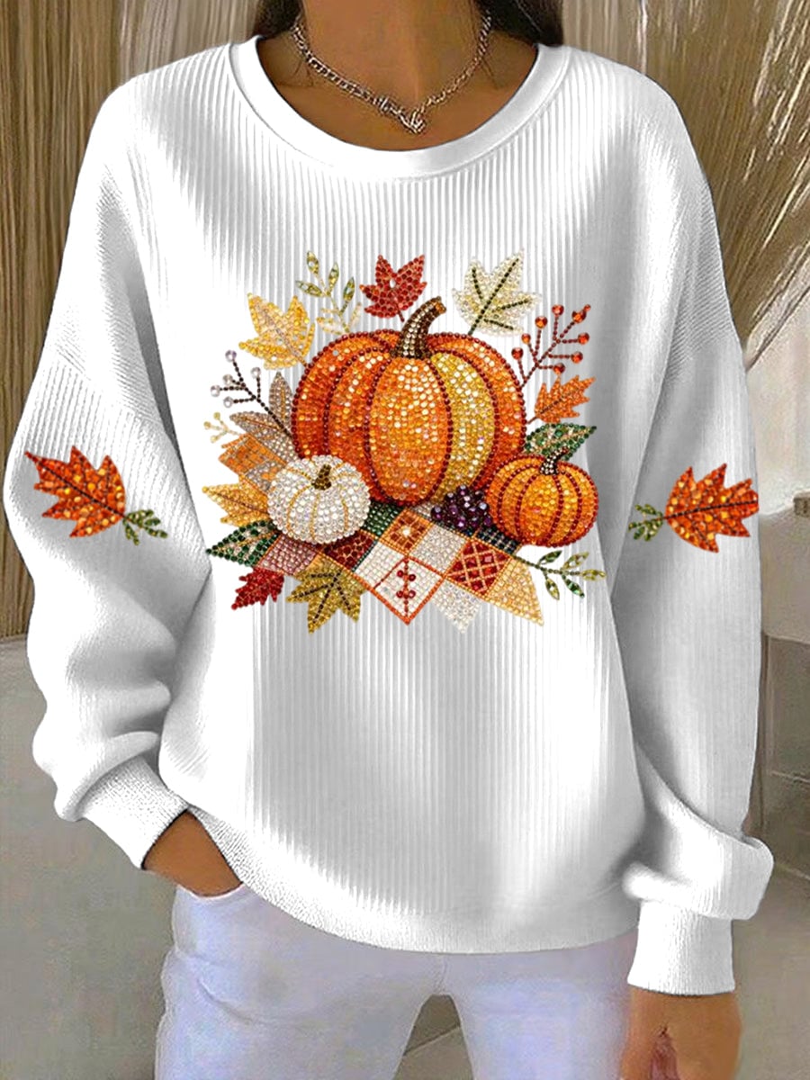 Close-up front view of the Harvest Vibes sweatshirt showing festive fall graphic detail
