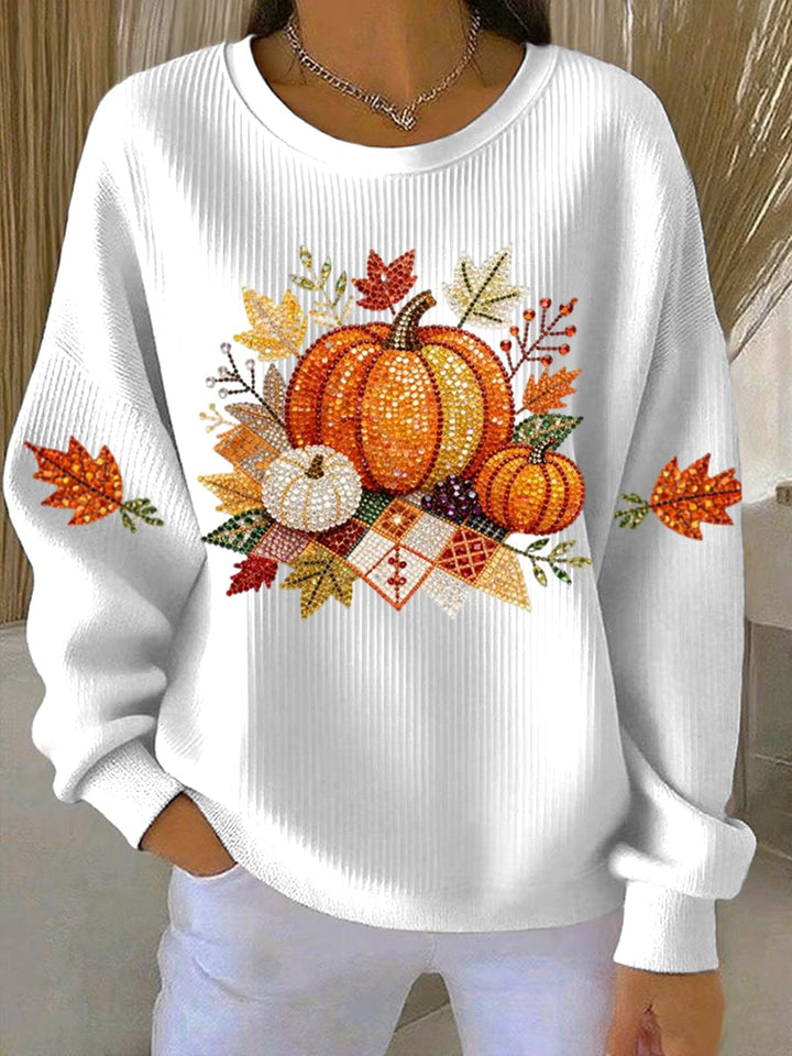 Close-up front view of the Harvest Vibes sweatshirt showing festive fall graphic detail