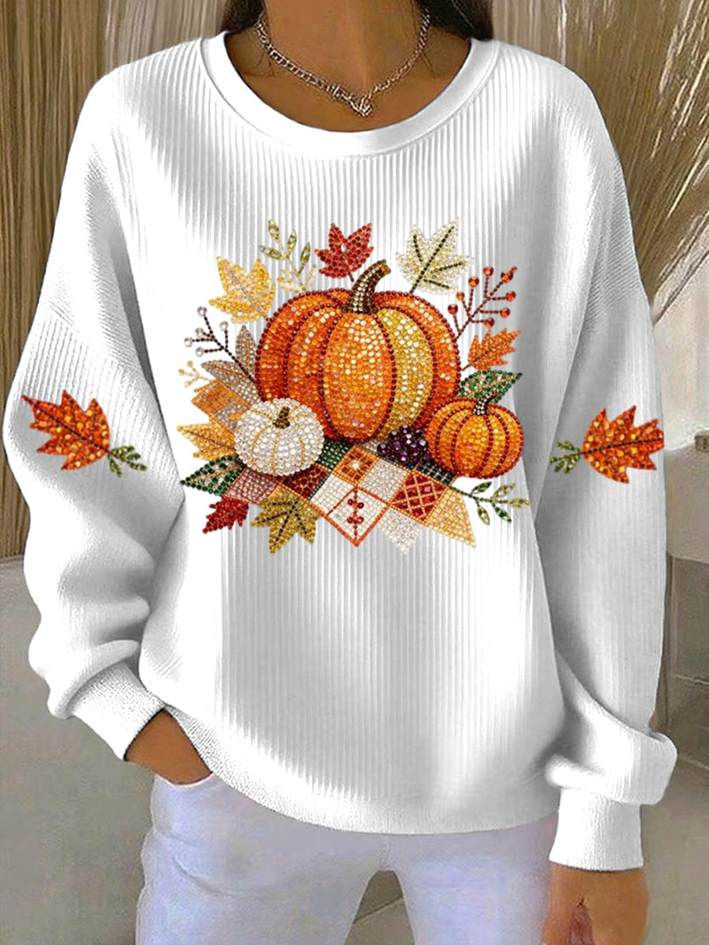 Close-up front view of the Harvest Vibes sweatshirt showing festive fall graphic detail