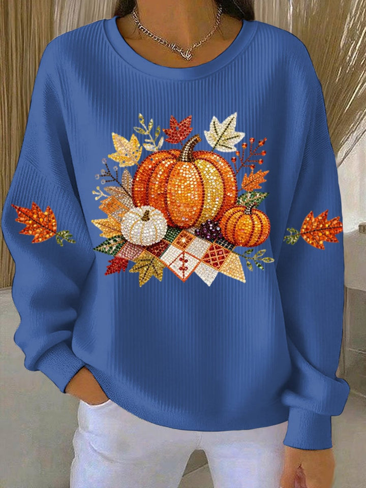 Side view of model wearing the Harvest Vibes sweatshirt in red, highlighting the easy fit