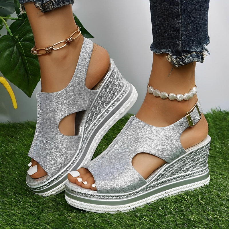 Emerson women's orthopedic arch support sandals in High Gloss Silver with adjustable straps and cushioned footbed