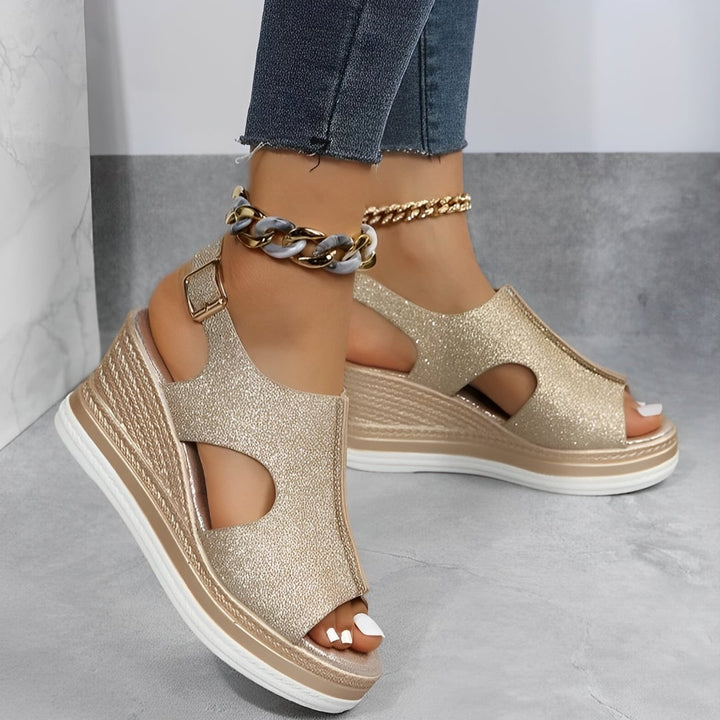 Side view of Emerson orthopedic sandals in Bright Gold showing arch support footbed construction