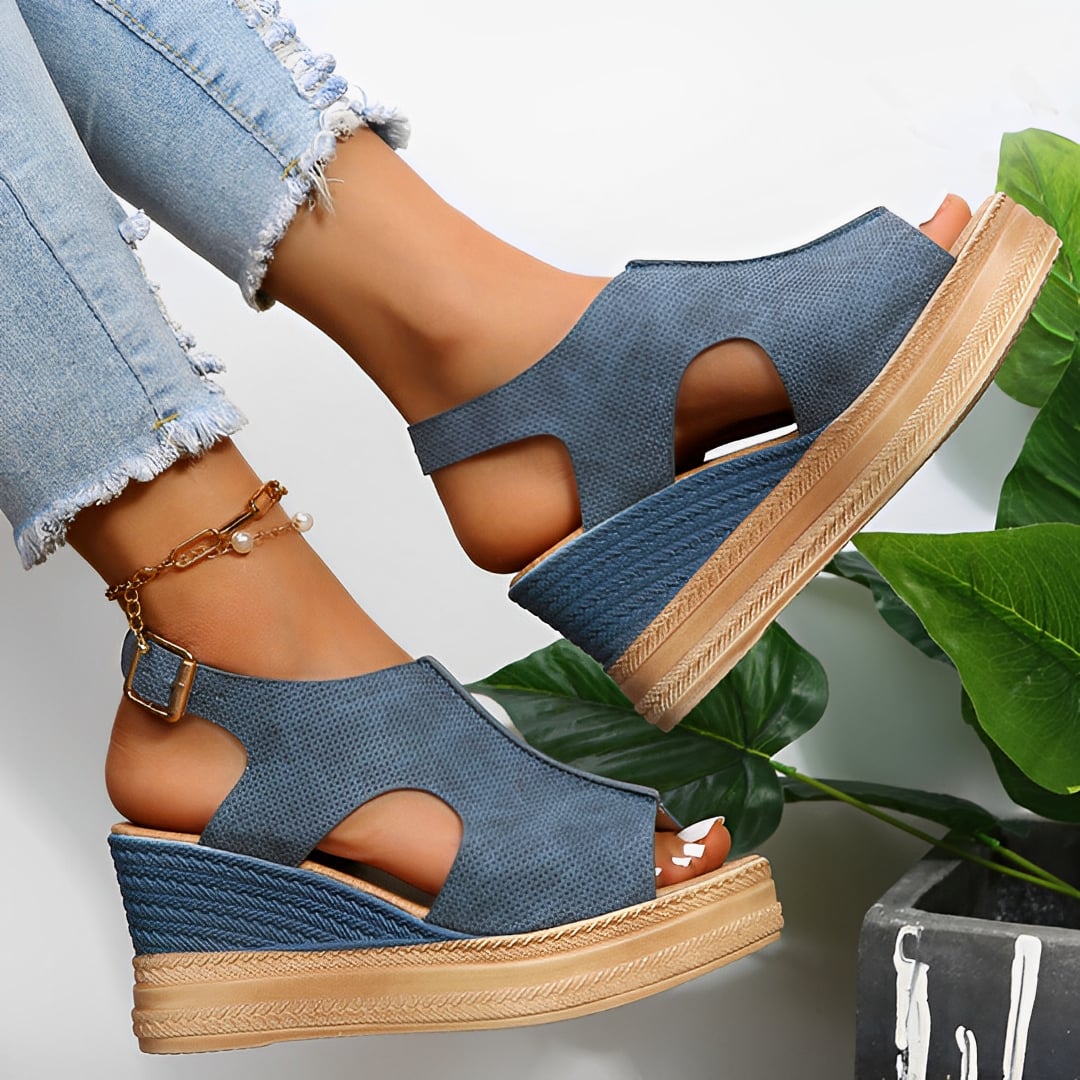 Emerson arch support sandals in Blue shown from above displaying full sandal silhouette and strap layout