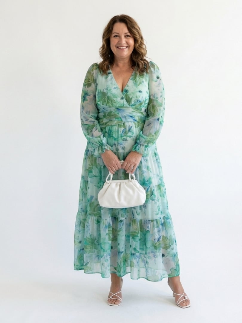 Back view of the Emilia green floral maxi dress showing flowing silhouette and long sleeves