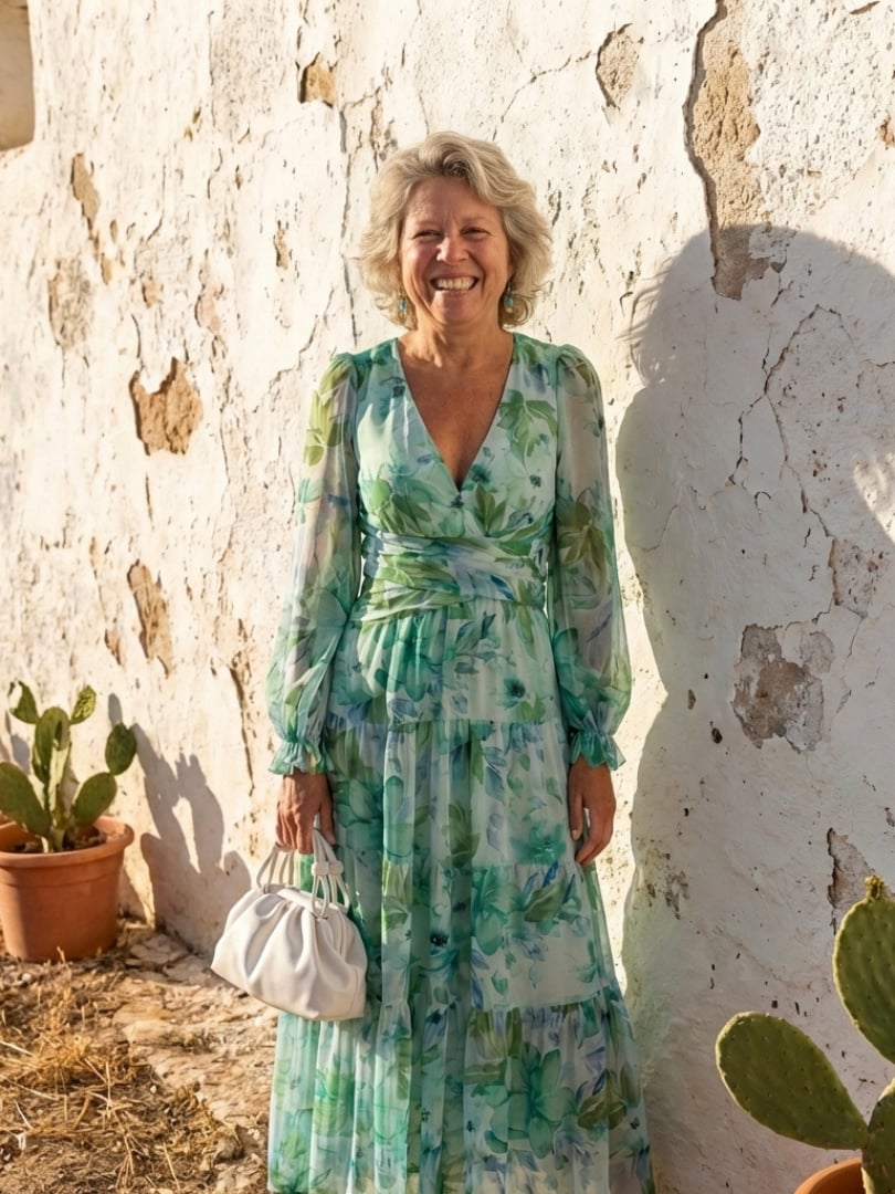 Close-up of the floral print fabric on the Emilia maxi dress in green