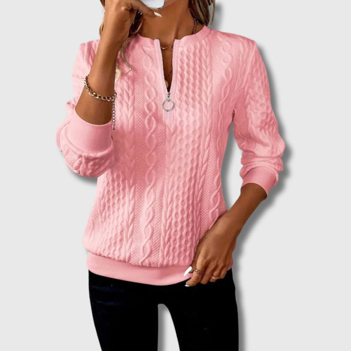 Front view of the Emily elegant sweater in white showing its refined, graceful drape