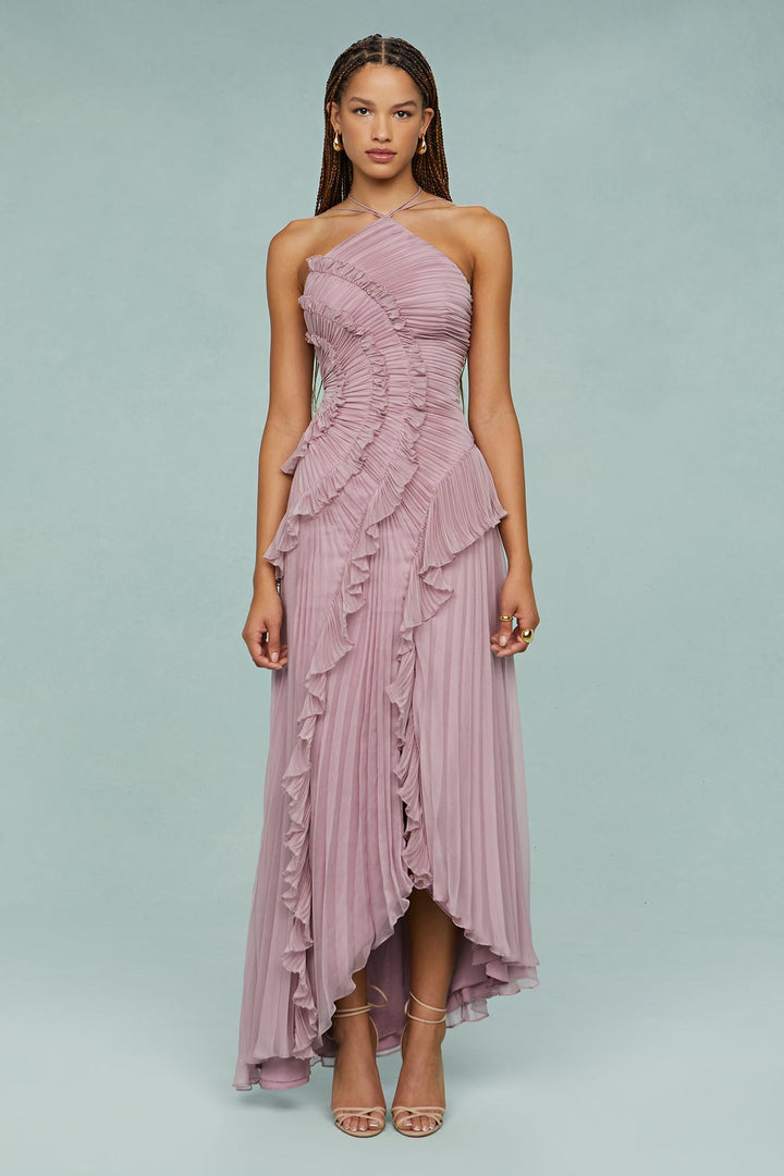Close-up of the halter neckline and pleated bodice detail on the Estelle dress