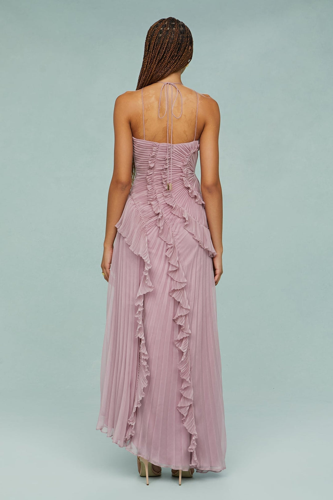 Full-length back view of the Estelle elegant halter dress