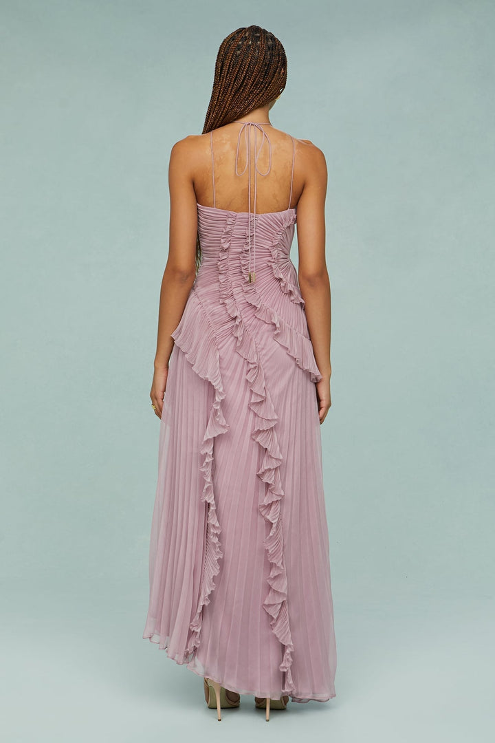 Full-length back view of the Estelle elegant halter dress