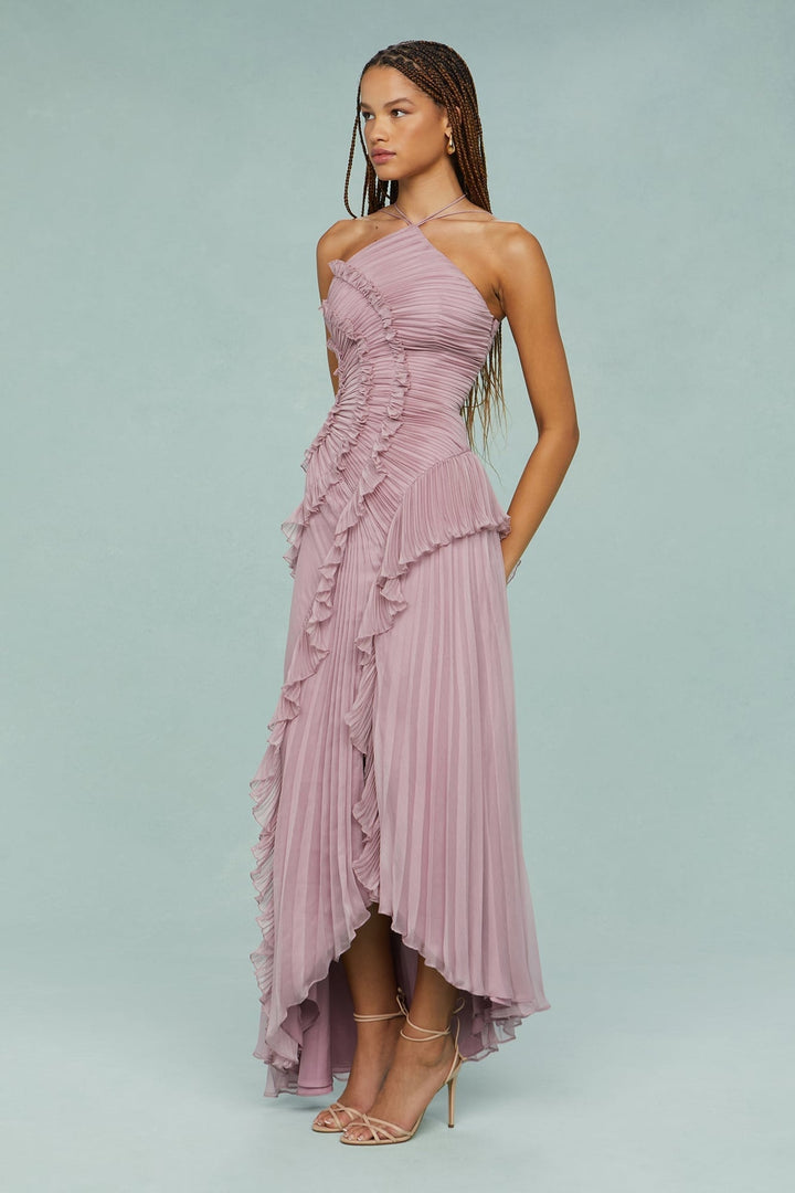 Detail shot of the flowing skirt on the Estelle elegant halter dress